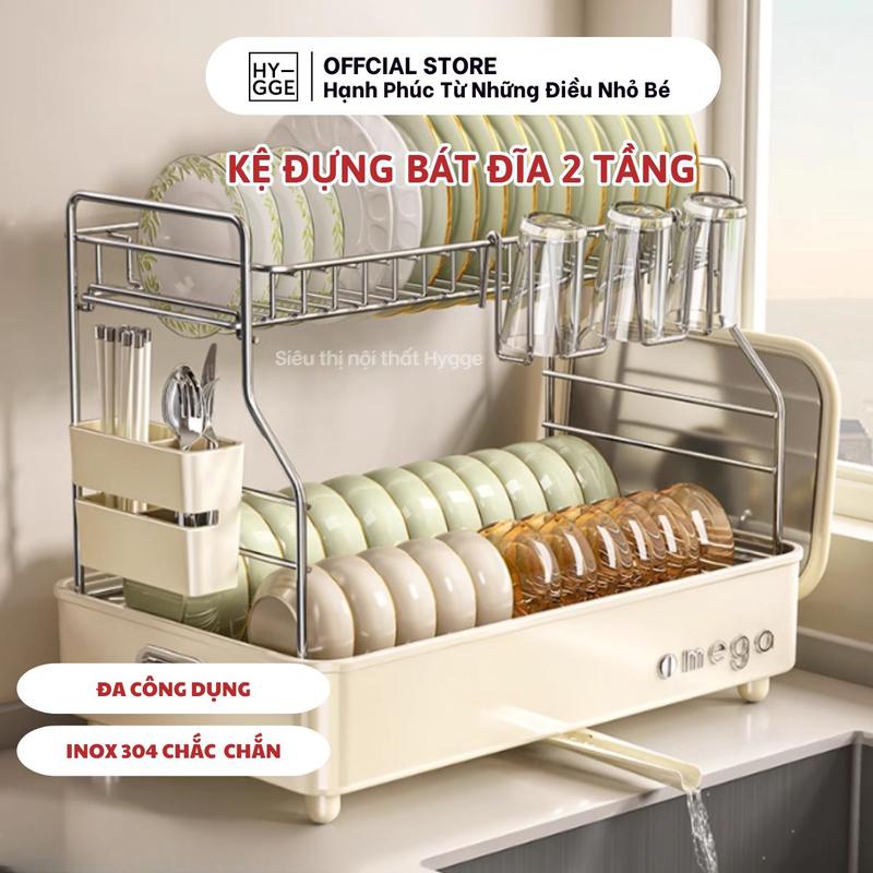 [SALE LỚN 24/3 - 25/3] Kệ Đựng Bát Đĩa Inox 304 Hygge Kèm Ống Đũa Có Khay Hứng Nước Tiện Lợi Xoay 360 Độ, Kệ Úp Chén Bát Đĩa Cốc Kitchen Nhà Bếp
