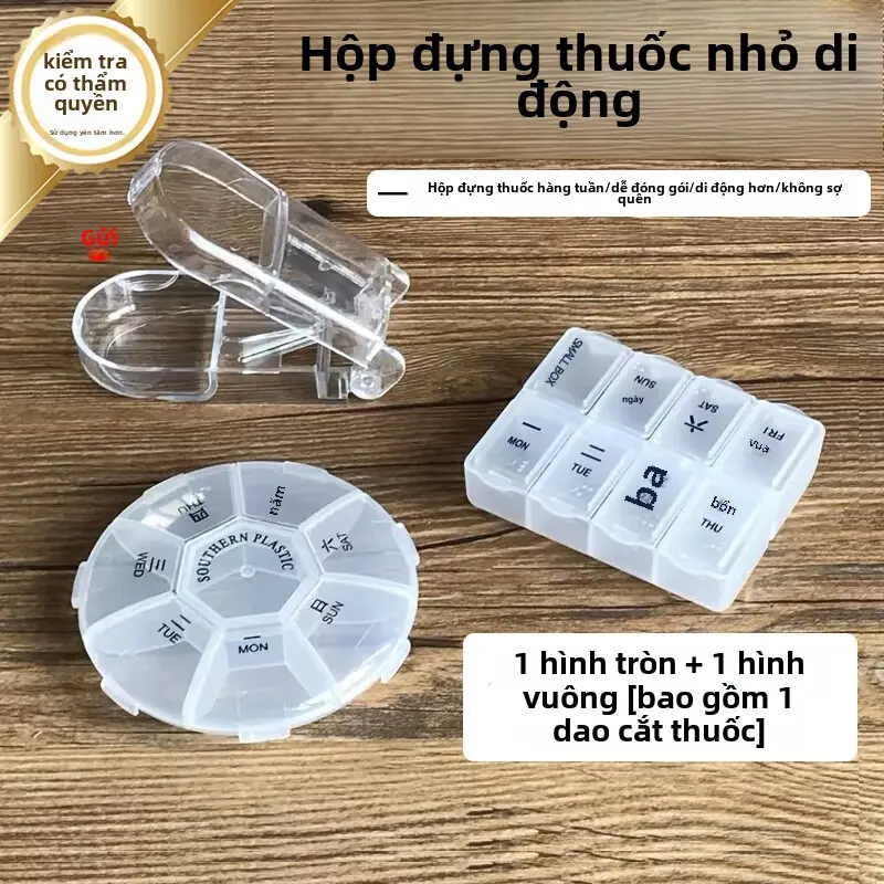 Hộp Đựng Thuốc 7 Ngày Tiện Lợi - Hình Tròn + Hình Vuông - Kèm Dụng Cụ Cắt Thuốc
