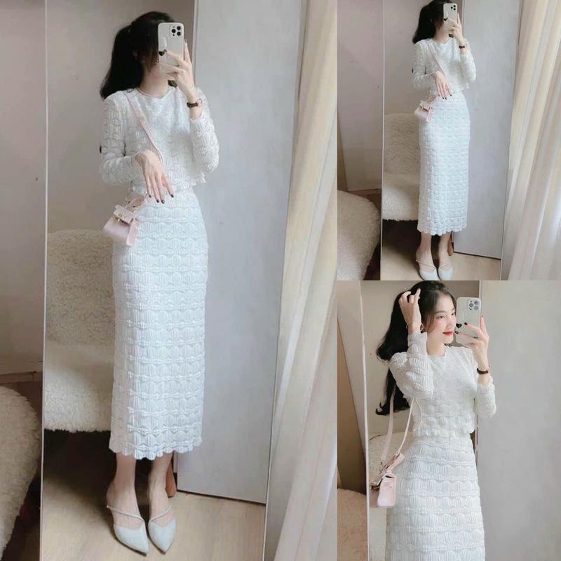 Sét Áo Ren Tầng Sóng Tay Dài Cắt Laze Kèm Chân Váy Dài Ôm Thân Quyến Rũ Thanh Lịch. Nữ Màu Trắng Top Women Kem