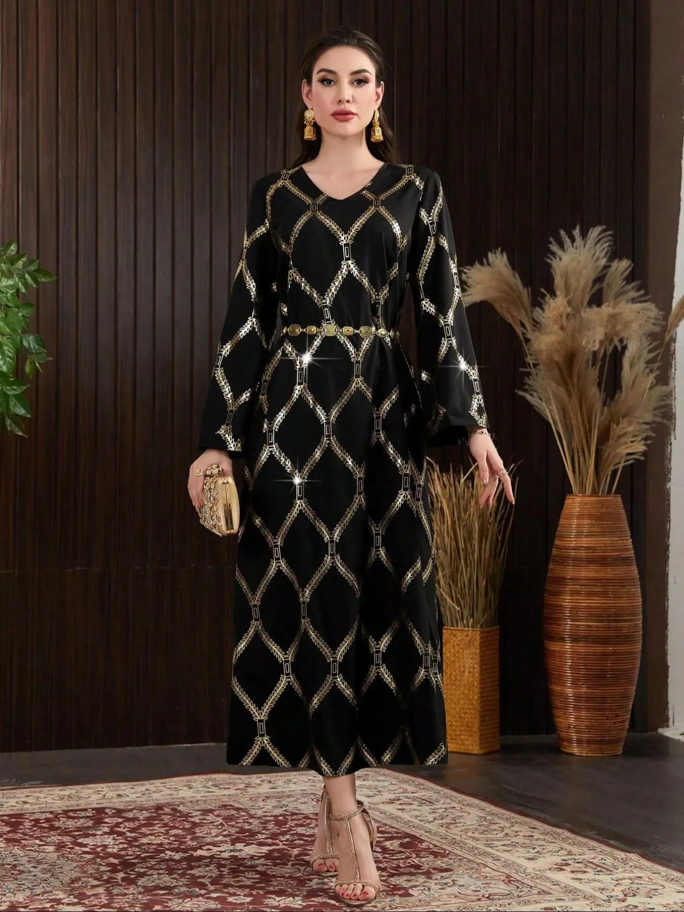 Women's Glitter Plaid Jacquard Long Sleeve Dress, Elegant Open Front Maxi Arabian Dress for Party Holiday Wedding Guest, Ladies Clothes for All Seasons