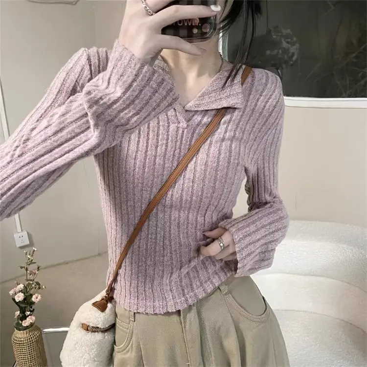 Áo Thun Nữ Dài Tay Dệt Kim Dễ Phối Đồ Mùa Thu Và Mùa Đông Mới, Xếp Ly Bất Đối Xứng Áo Mặc Trong, Phong Cách Cô Gái Nóng Bỏng