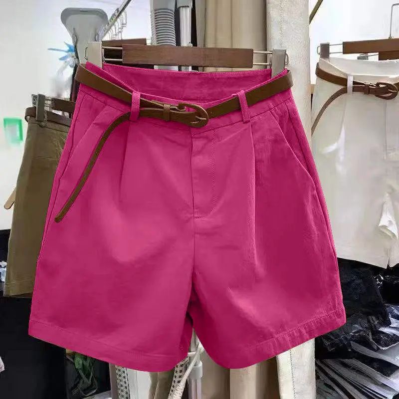 Women's Summer Shorts High Waist with Belt Solid Color Loose Casual Shorts Plus Size M-4XL Womenswear Bottom