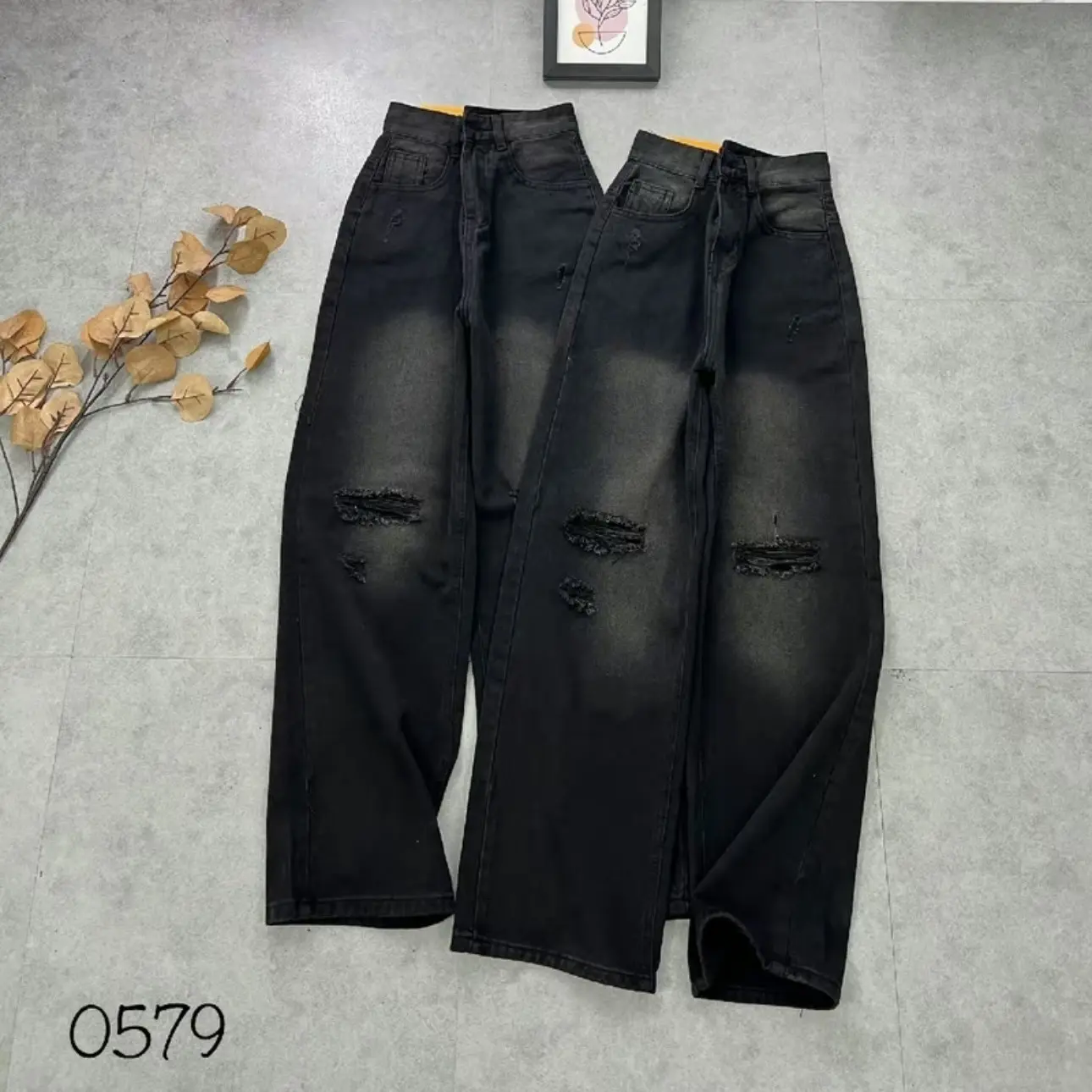 Quần Jean Nữ ống Suông lưng cao rách kiểu Xám Đen -Quần baggy jean nữ ống rộng màu RETTO mẫu mới NJ0579