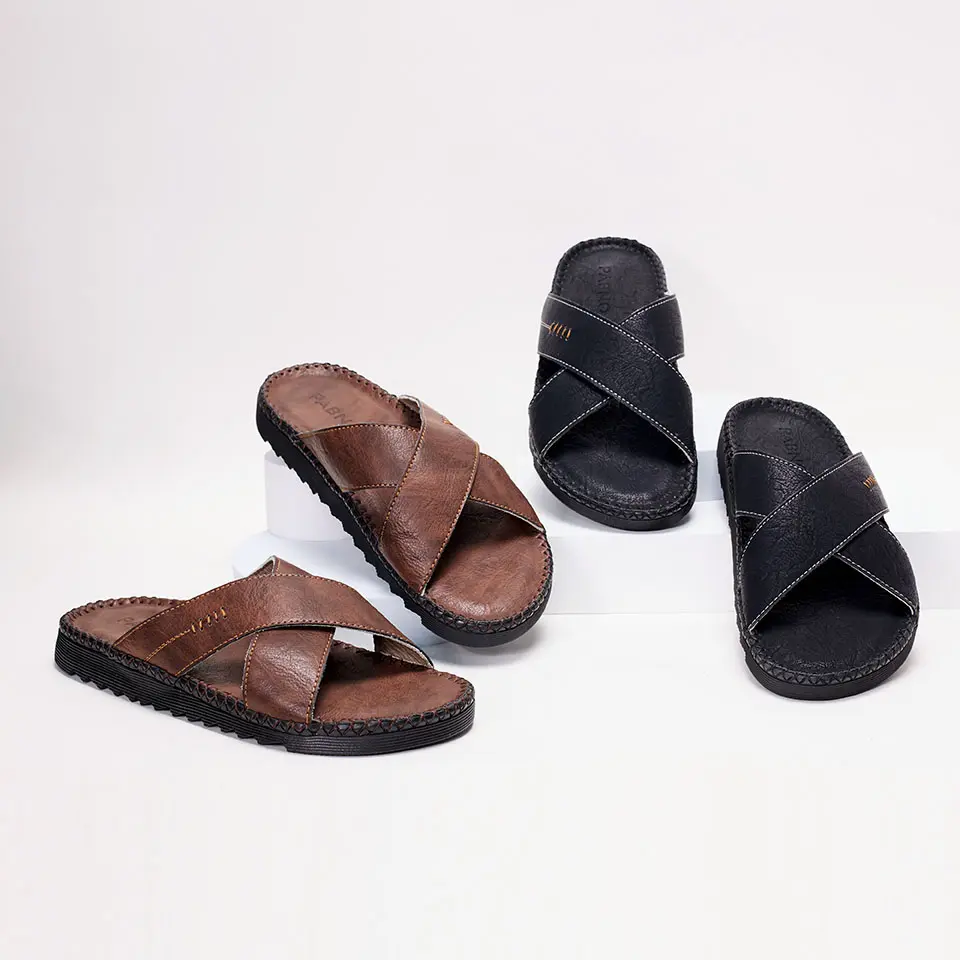 [PABNO] Dép Nam Quai Chéo Pabno PN21042 - Da Bò, Đen, Size 39-43 - Slipper, DéP