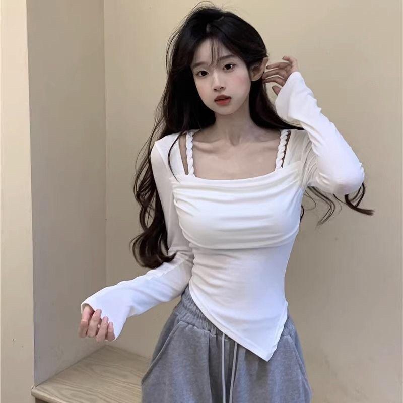 Áo thun body nữ dài tay cổ vuông dây đan vạt chéo hot hit vải nhuyễn tăm óng ánh, dễ mix đồ ôm dáng phong cách Hàn Quốc Top Sơ Mi Voi Shirt 4