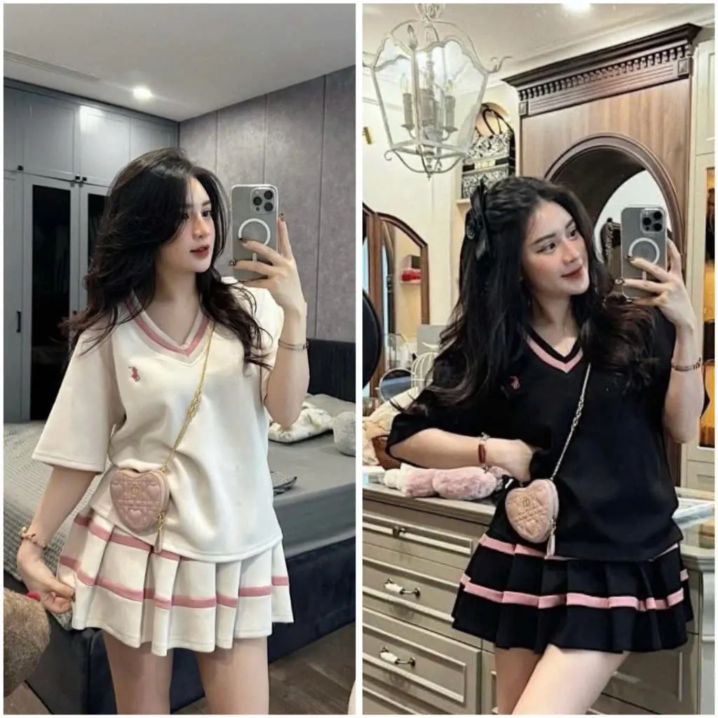 Set Bộ 2 Món Áo Cổ Tim Phối Viền Mix Chân Váy Mini Dáng Xòe ( Có Quần Bảo Hộ ) Xinh Xắn Women - ChickyStore