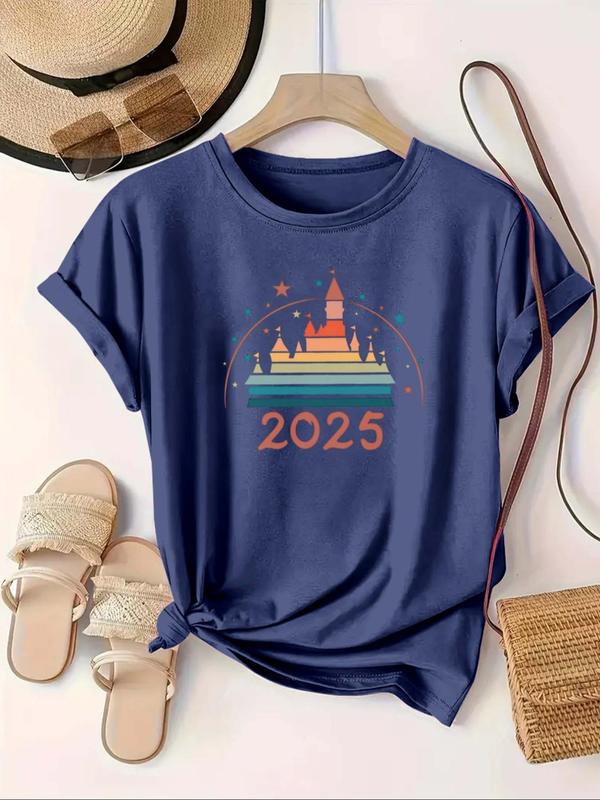 【Plus Size】 Cartoon Castle & Figure Print Round Neck Tee, Casual Short Sleeve Crew Neck T-shirt for Summer, Women's Plus Clothing for Daily Wear 2