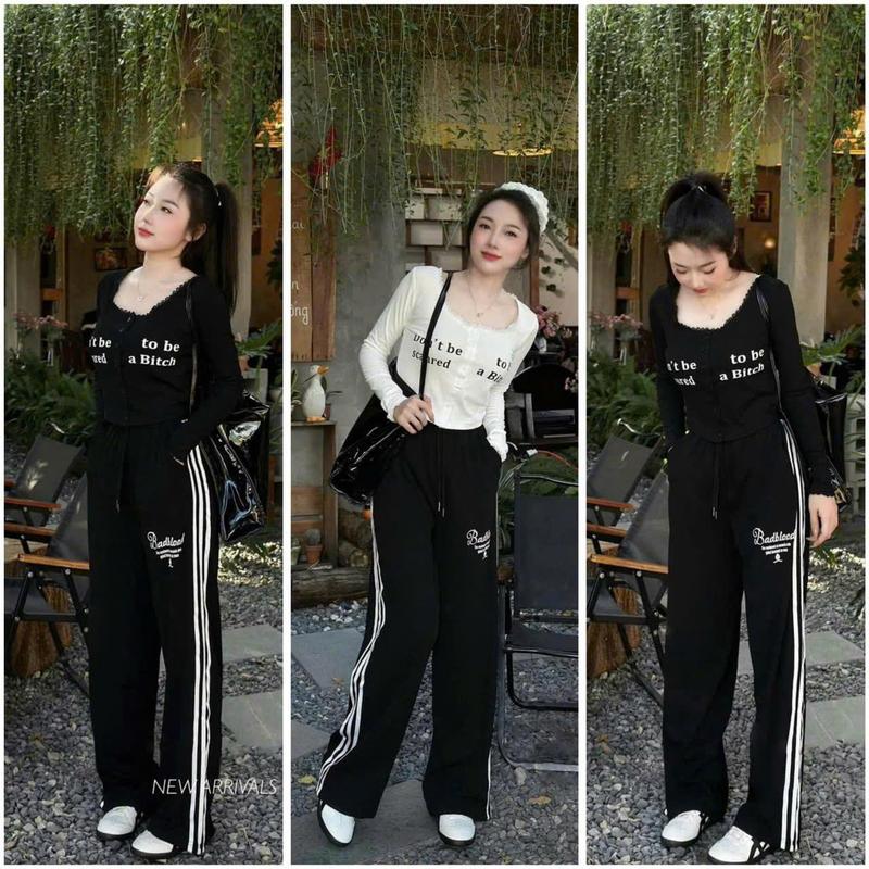 Set bộ áo thun tăm tay dài phối ren mix quần suông phối sọc lưng chun cá tính bigsize 60-90kg cho nữ - Women 0