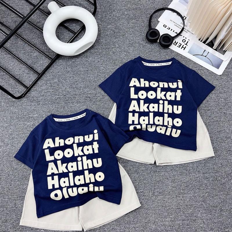 [kho sỉ mẹ gạo]8-30kg. Bộ đồ bé trai Hàn Quốc. Áo cotton màu xanh than in chữ phối quần kem sáng có túi hai bên cho bé trai. Jean