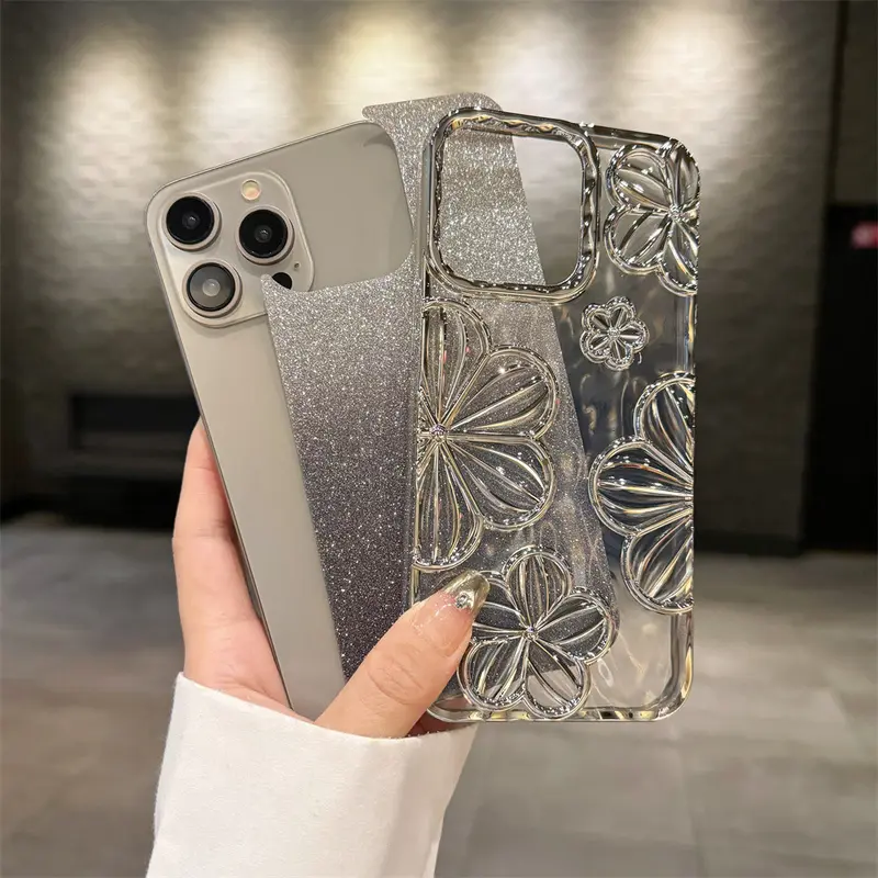 High quality electroplated three-dimensional flower phone case for iPhone 16 11 12 13 14  15 Pro Max  16 plus Anti drop lens protection soft casing phone protective case 8