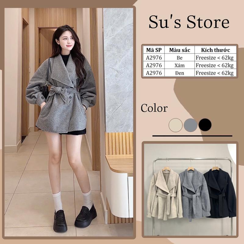 Áo Dạ Ép Cổ Vest Tay Bo Kèm Đai A2976 Susstore Top Thời Trang Nữ Jacket Kem