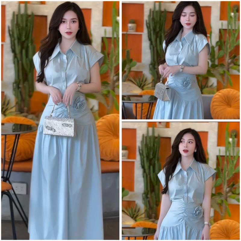 BỐNG - Set thiết kế áo somi mix chân váy dáng dài chất thô hàn kèm tag hoa Nữ Women Kem 3