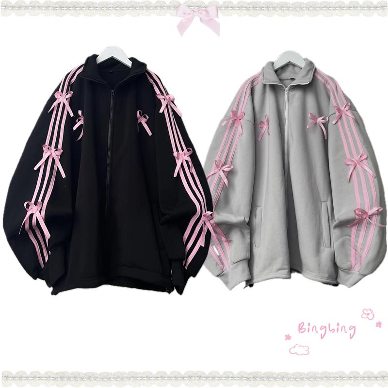 BingBing - Áo Khoác Nữ Women Jacket Cổ Trụ Dây Kéo Form Rộng Đính Nơ Dễ Thương Kem Top bán chạy