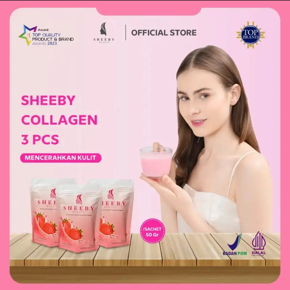 Sheeby Beauty 3 pcs Kemasan Baru BPOM Minuman Collagen Strawberry Asli
