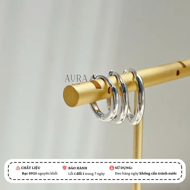 Khuyên tai tròn nam nữ bạc 925, bông tai tròn chốt bấm Hoop size 14-16-18mm-AURA SILVER-KT05 1