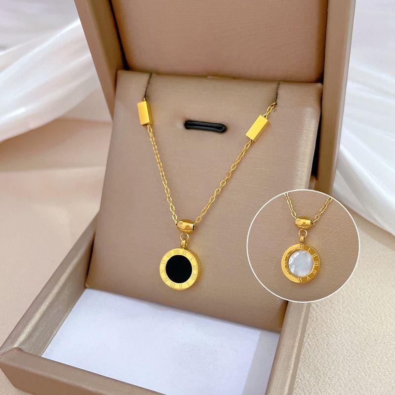 Product Introduction of Kalung Titanium Liontin Bulat Putih/Hitam Romawi Super Mewah Anti Karat Dan Luntur Emas 11