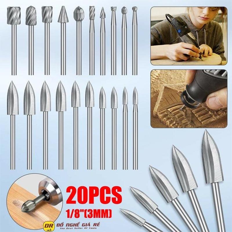 Bộ Mũi Đục Gỗ Cầm Tay Gắn Máy Khoan Mài Khắc Mini Chân 3mm Thép HSS Đầu 3 khía