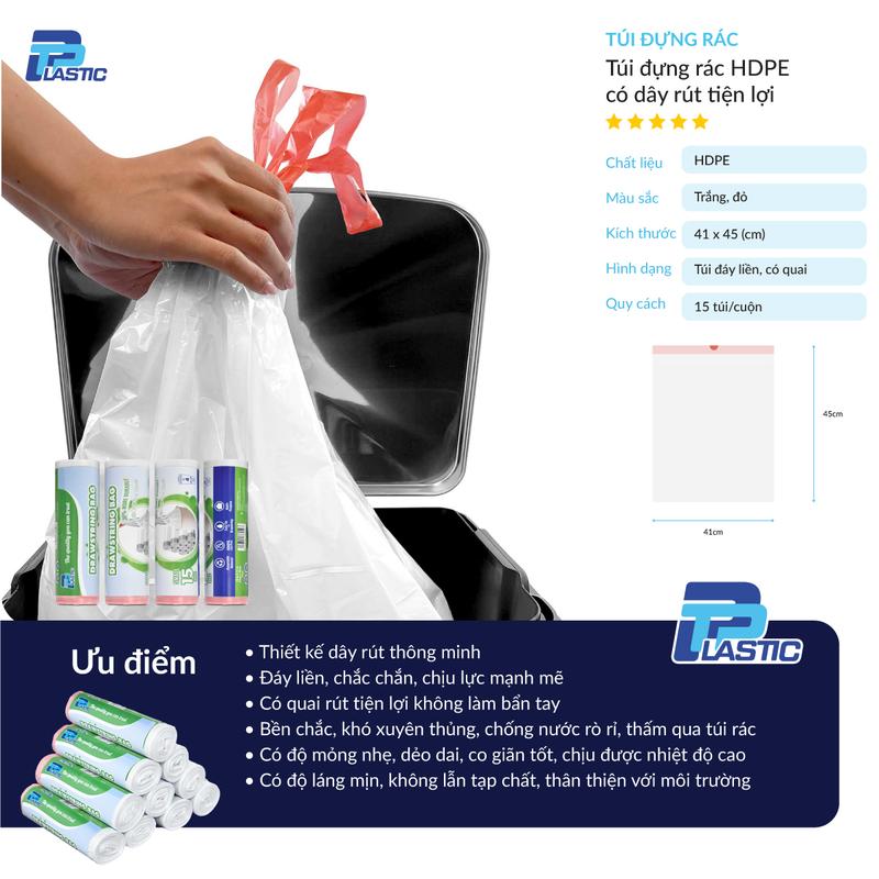 Túi PP Nhựa - Cuộn 15 Túi đựng rác có dây rút TP Plastic 2