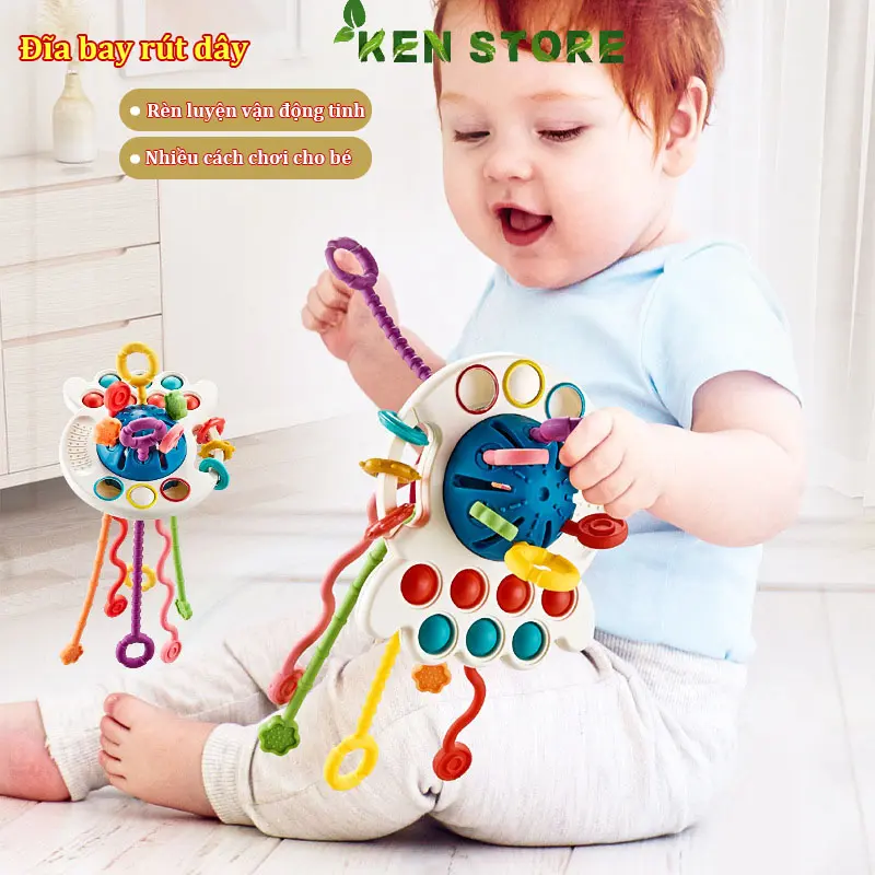 Đồ chơi rút dây hình đĩa bay KENSTORE kết hợp 4 trong một cho bé gặm nướu rèn luyện vận động tinh, kích thích giác quan đồ  chơi