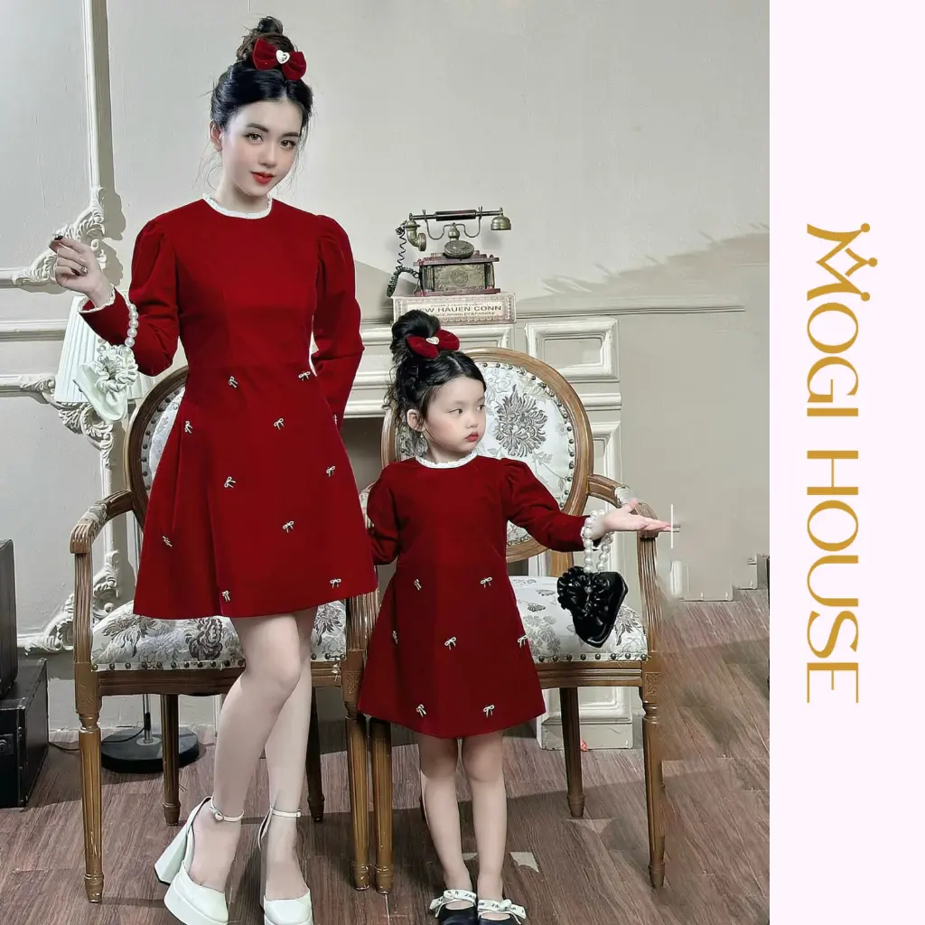 [Đầm Dự Tiệc] Set Váy Đôi Mẹ Và Bé Thiết Kế JENNA DRESS Đính Nơ Váy Nhung Bé Gái 1,2,3,4,5 Tuổi MOGIHOUSE