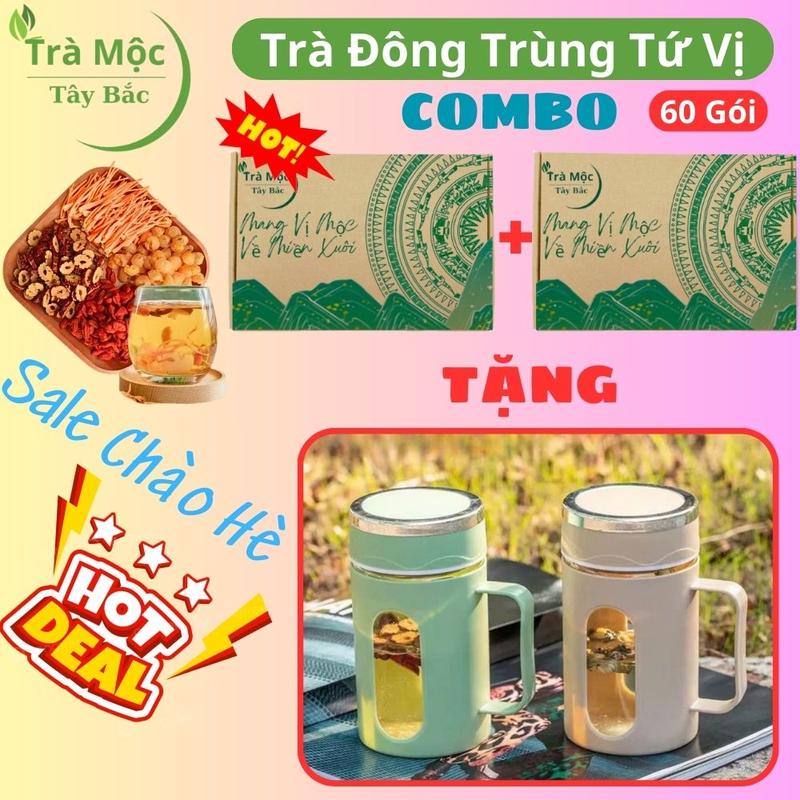 Sale Chào Hè Combo 2 hộp 60 gói TẶNG BÌNH PHA TRÀ CAO CẤP Trà đông trùng tứ vị 4 vị mix thêm đường phèn thảo mộc Tây Bắc nấm đông trùng hạ thảo táo đỏ kỷ tử long nhãn hàng mới thơm ngon sạch không mốc dược tea chè cao cấp
