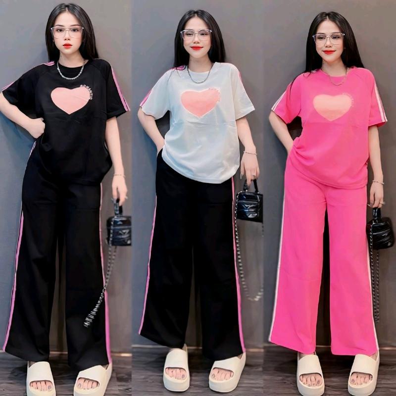 Set Bộ Dài Suông In Tim Chất Tăm Lạnh, Quần Phối Viền Màu 2 Bên, Có Túi Quần. Áo Tay Ngắn Cổ Tròn 60kg Nữ Voi ốp gấu màu hồng cam thường set bộ thun đồ ủ kem thun lạnh đồ bộ tết