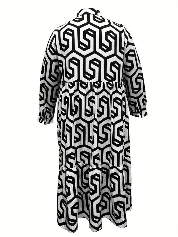 Plus Geometric Print Long Sleeve Button Front Midi Dress, Casual All Over Print Collared Button Loose Dress For Spring & Fall, Fashion Women's Dress For Daily Wear 5