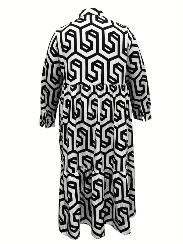 Plus Geometric Print Long Sleeve Button Front Midi Dress, Casual All Over Print Collared Button Loose Dress For Spring & Fall, Fashion Women's Dress For Daily Wear 5