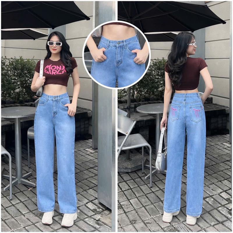Quần Jeans Lưng Cao Ống Suông  Họa Tiết Thêu Nơ Hồng Túi Hậu Giúp Tôn Giáng Siêu Xinh  MS351 Nữ Women