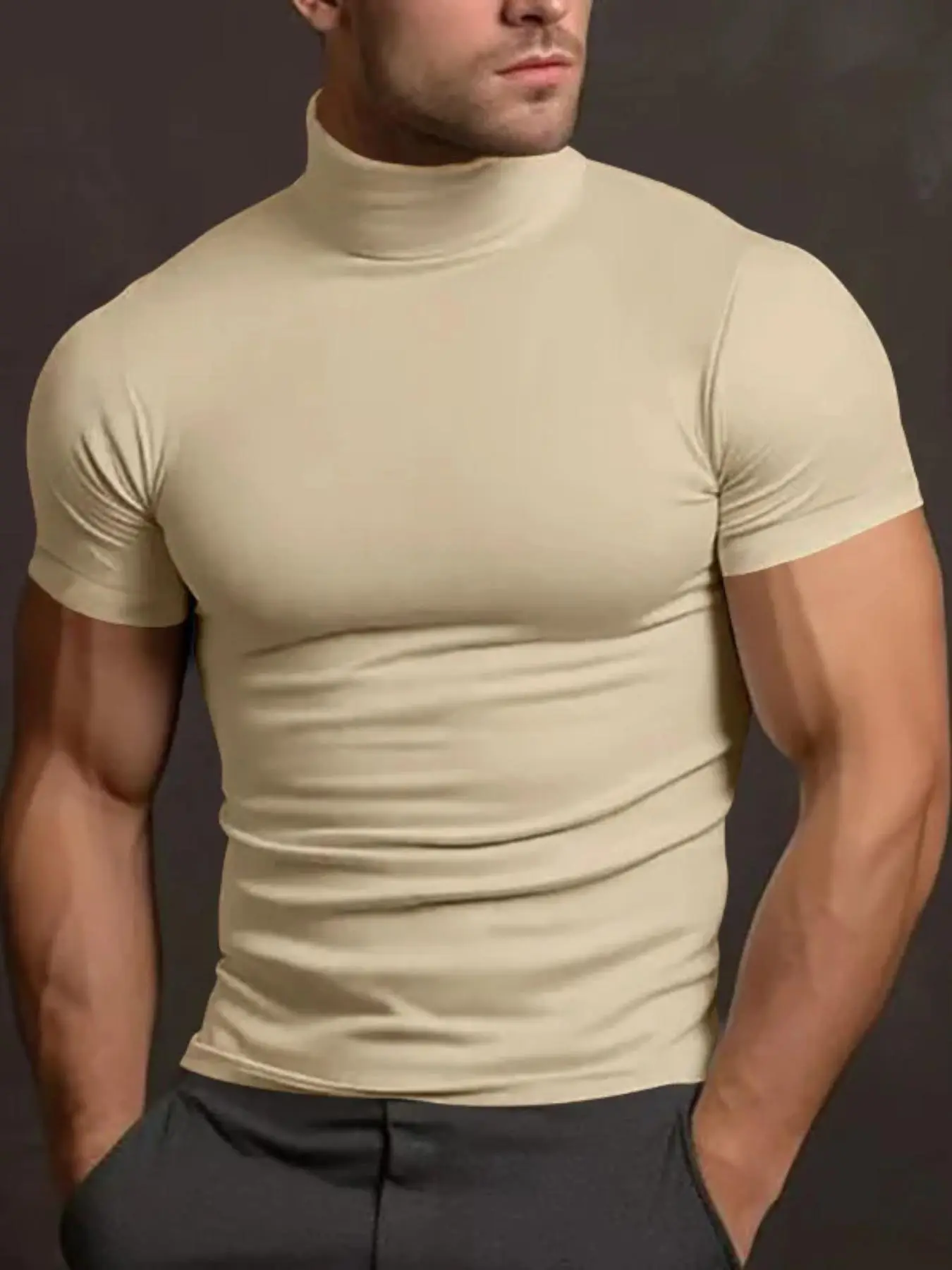 Men's Solid Color Turtleneck Tee, Regular Fit Casual Comfy Short Sleeve T-shirt for Summer, Men's Top for Outdoor Training