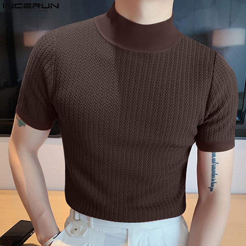 New Casual Simple Knitting Comfortable Bottoming Shirt European and American Men's Fashion High Collar Slim-Fit Water Ripple Solid Color T-shirt 2