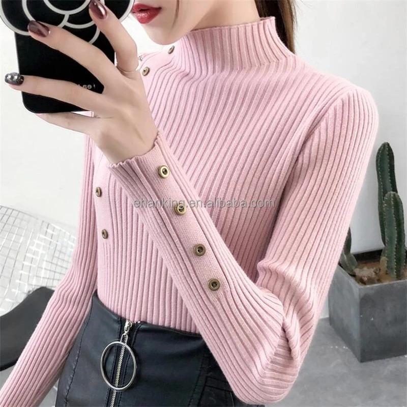 Product Introduction of K105 Women Knitted Slim Sweaters Solid Knitted Female Cotton Soft Elastic Color Pullovers Button Full Sleeve Turtleneck 7