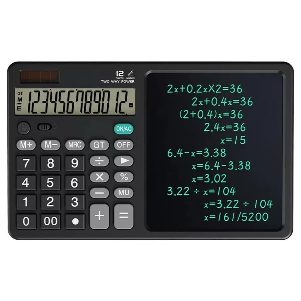 Multifunctional 12 Digits 2in1 Calculator Solar Power with Writing Pad Standard Function Calculator 6 inch Dual Stylus Pen Drawing Pad for School Office