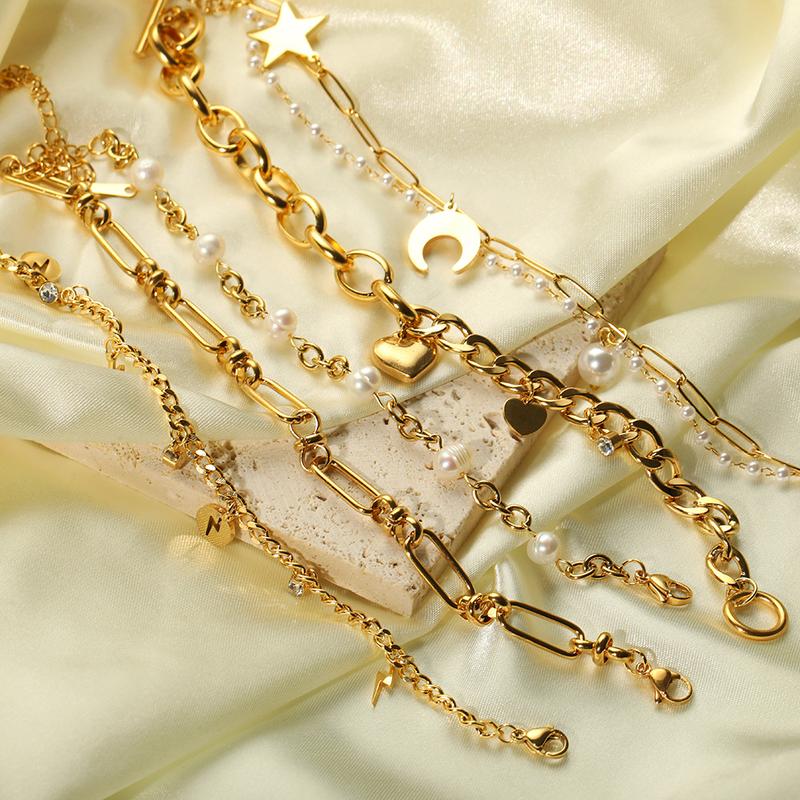 Product Introduction of Unique Fashion Simple Bracelet Lightning Pearl Moon Cross Chain 18K Gold Stainless Steel Bracelet High-end Jewelry Really Good 1