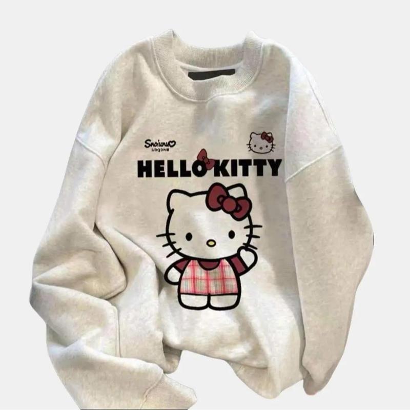 Áo nỉ cổ tròn HELO KITTY sọc Đỏ form rộng chất nỉ Tàu cho nữ - Women, Top 2