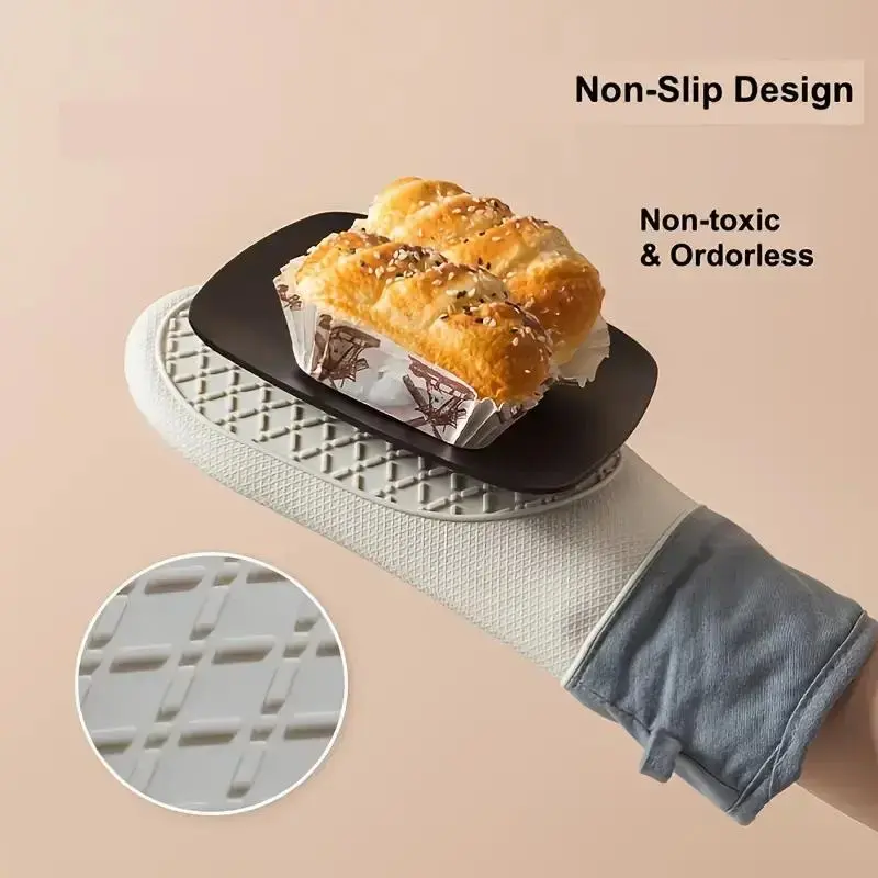 Silicone Oven Mitts, 2 Counts Heat Resistant Non-slip Oven Gloves, Waterproof & Non-stick Kitchen Gloves for Cooking, Grilling, Baking 6