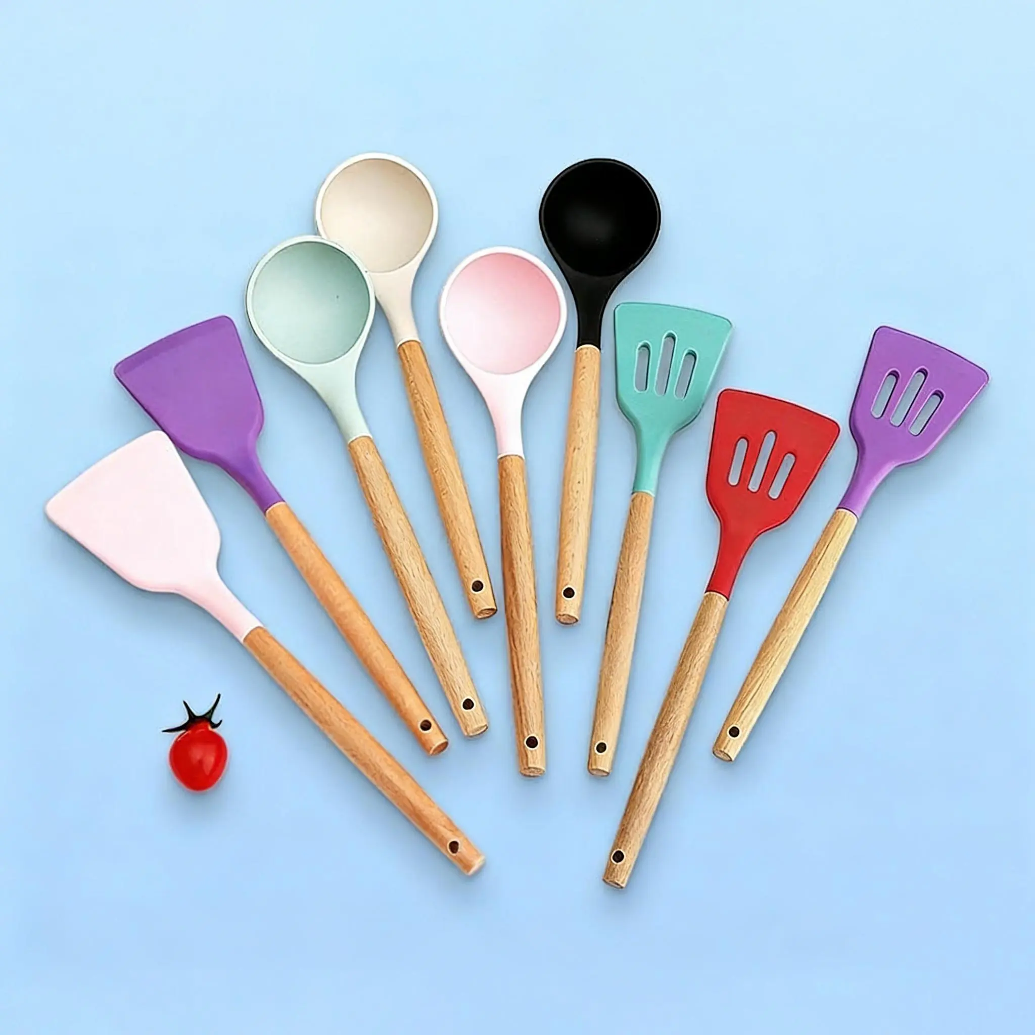 Senyum H1018 Serba Ada Spatula Silikon Alat Masak Sodet Lubang Penyaring Minyak Tahan H1019 Panas Gagang Kayu Perlengkapan Dapur Tumis Goreng Slotted Turner Warna Warni Bahan Berkualitas Tahan Suhu 230C H1021