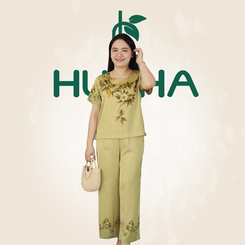 Lụa 32 - Đồ bộ trung niên HUY HÀ, lụa tơ tăm, áo cổ tròn - quần ống rộng 9t 1