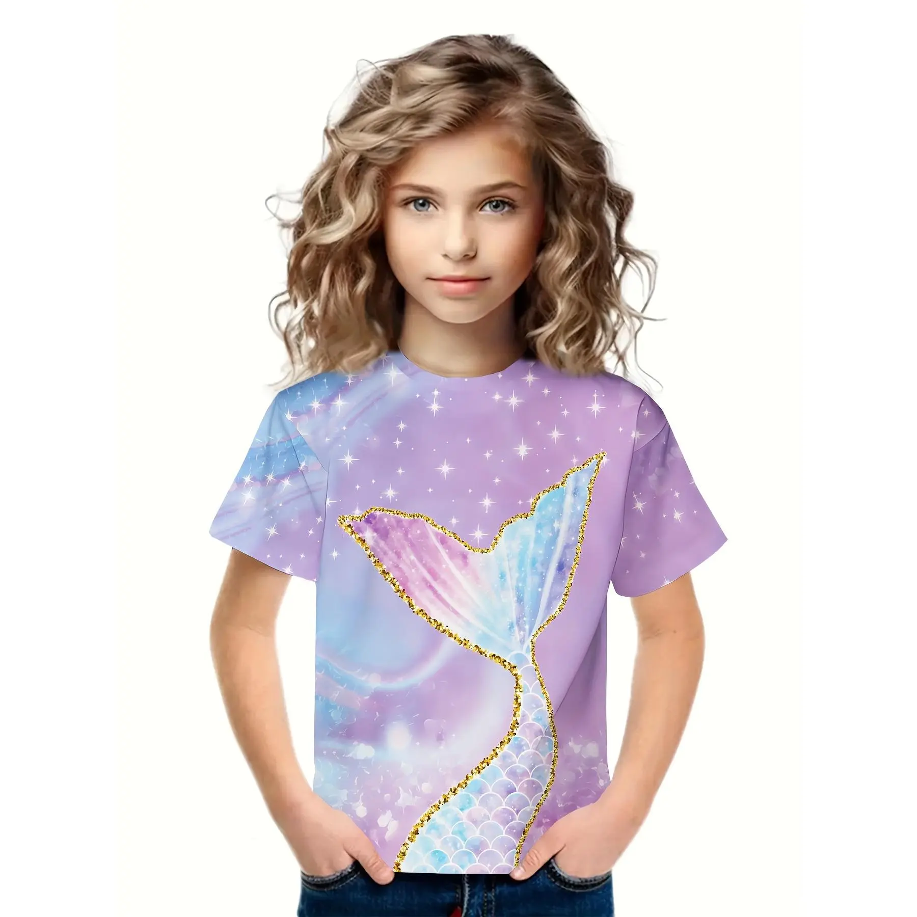 Casual and Comfortable 3D Mermaid Tail Printed Short Sleeved T-shirt for Girls and Boys, Summer Sports Gift