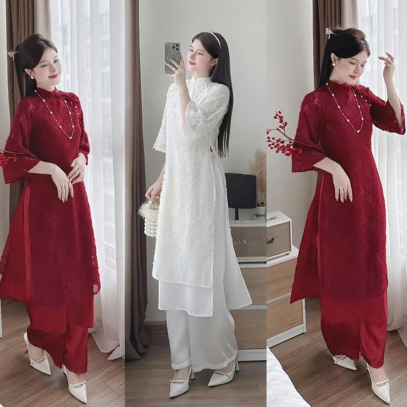 Sét bộ nữ áo dài gấm lông vũ thiết kế tay lững cổ tròn mix quần tuyết nhung dài ống rộng xinh xắn dành cho các nàng diện đi chơi đi tiệc