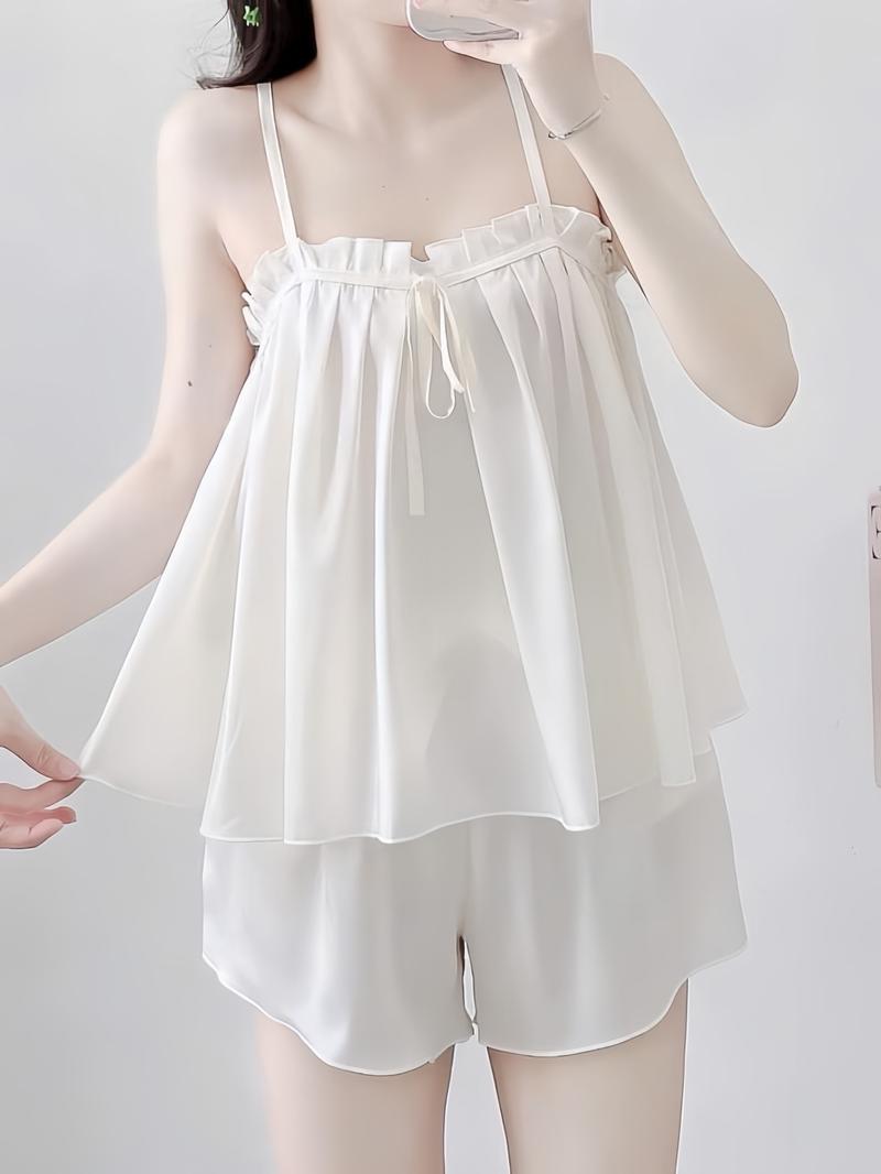 Product Introduction of 40-64 Ký; Bộ Ngủ 2 Dây Áo Xếp Ly Buộc Nơ Quần Đùi Lụa Latin Nữ 22