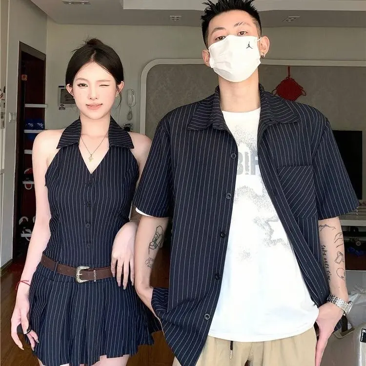 Couple's Clothing Niche High-Grade Korean Style Short-Sleeved Shirt Men's French Style Women's Dress One-Piece Dress I