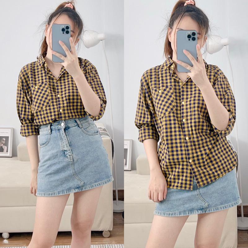 Product Introduction of Áo Sơ Mi Nữ Kẻ Karo Tay Dài Trẻ Trung Năng Động, Áo Sơ Mi Nữ Tay Dài Freesize Chất Cotton Bột Dày Dặn 34