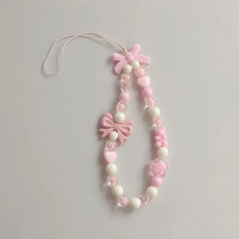 Korean Gantungan HP Love Heart Bowknot Phone Strap Chains Strap Pink Beaded bunga Lanyard Hanging Cord Bracelet-FE
