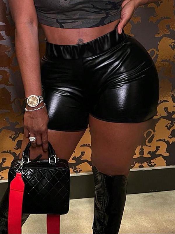 Women's Solid High Waist Pu Leather Shorts, Fashion Casual Elastic Waist Skinny Shorts for Daily Outdoor Wear, Ladies Bottoms for All Seasons 2