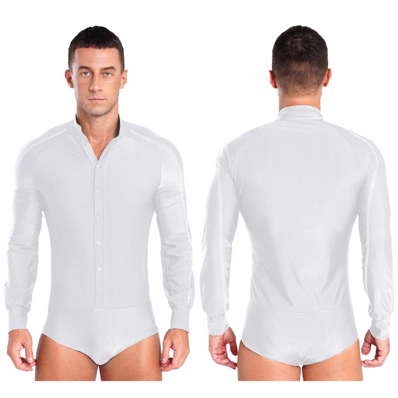 Trang Phục Thi Đấu Khiêu Vũ Latin Nam Hồi Giáo, RUNQHUI, Tay Raglan, Cổ Chân Đế Có Nút, Đính Đá Lấp Lánh Leotard Sport 3