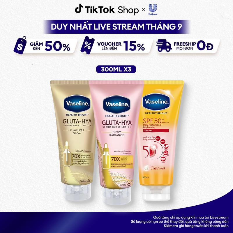 Combo 3 Sữa Dưỡng Thể Nữ Vaseline Gluta-Hya Hỗ Trợ Dưỡng Da Ngày Đêm 330mlx2 + Serum Chống Nắng Vaseline Với SPF50+PA++++ Hỗ Trợ Bảo Vệ Da Nữ 300ml [4]