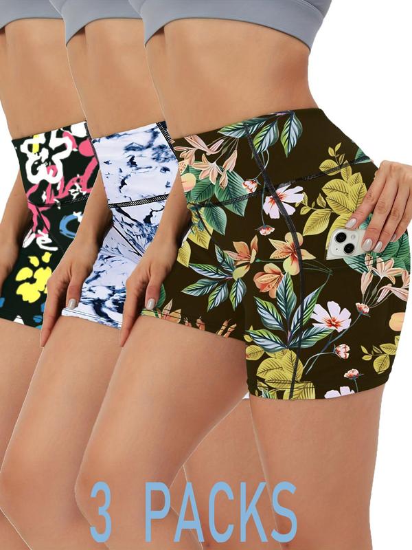 Women's 3pcs Plain Pocket High Waist Sports Short Leggings, Summer Clothes Women, Comfy Stretchy Seamless Skinny Solid Biker Shorts for Yoga Gym Workout, Ladies Sportswear Bottoms for Summer, Tummy Control, Athletic Shorts 3