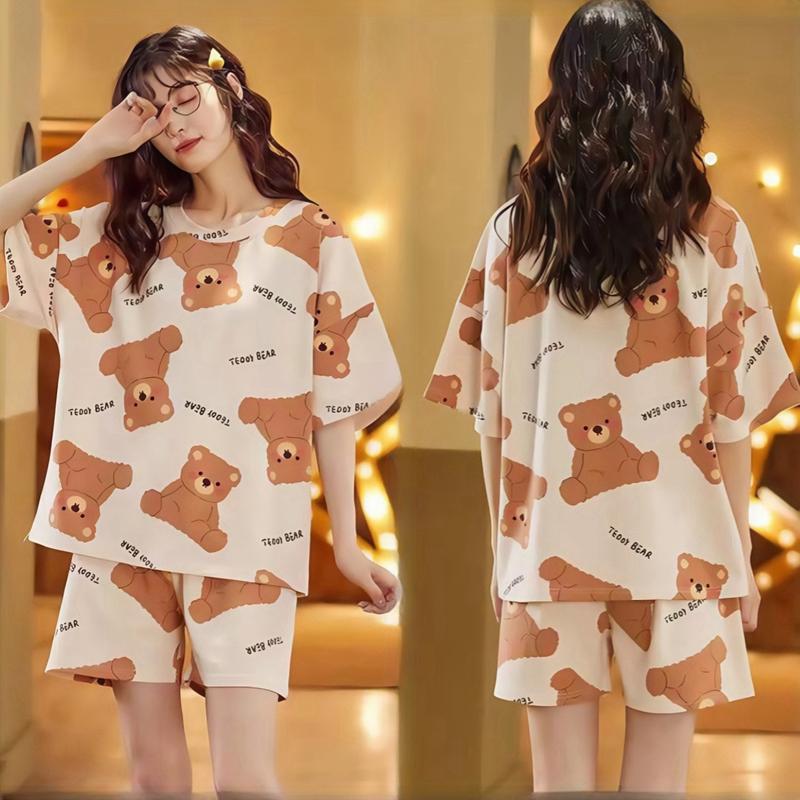 Bộ Đồ Ngủ Hoạt Hình, Dễ Thương, Dành Cho Nữ, Chất Liệu Cotton Mỏng, Áo Sơ Mi Ngắn Tay, Quần Đùi, Đồ Ngủ Thường Ngày Dáng Rộng, Quần, Màu Trơn Đơn Giản, Thích Hợp Cho Các Cặp Đôi, Bộ Quần Áo Mặc Nhà, 2 Chiếc 1