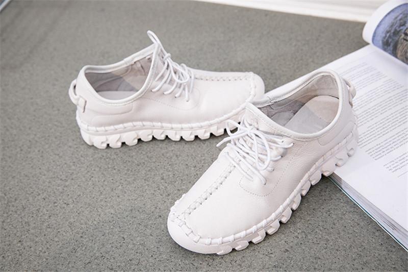 Product Introduction of Women Female Genuine Leather White Shoes Flats Loafers Lace Up Sports Breathable Vulcanized Shoes Plus Size 41 42 9